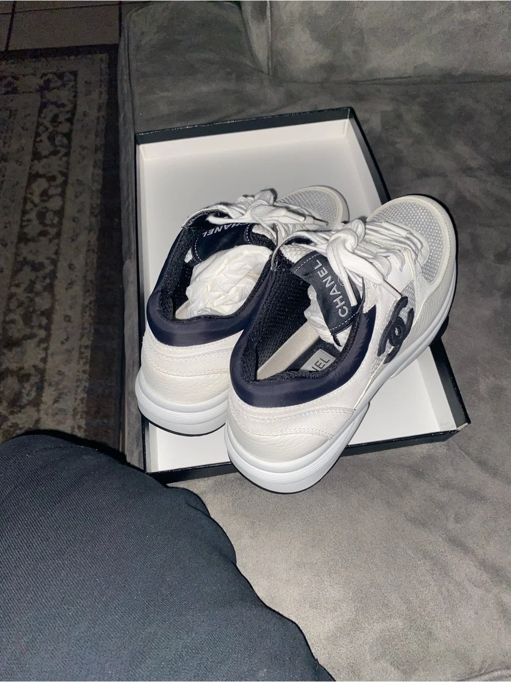 CHANEL White and Black Low-Top Sneakers